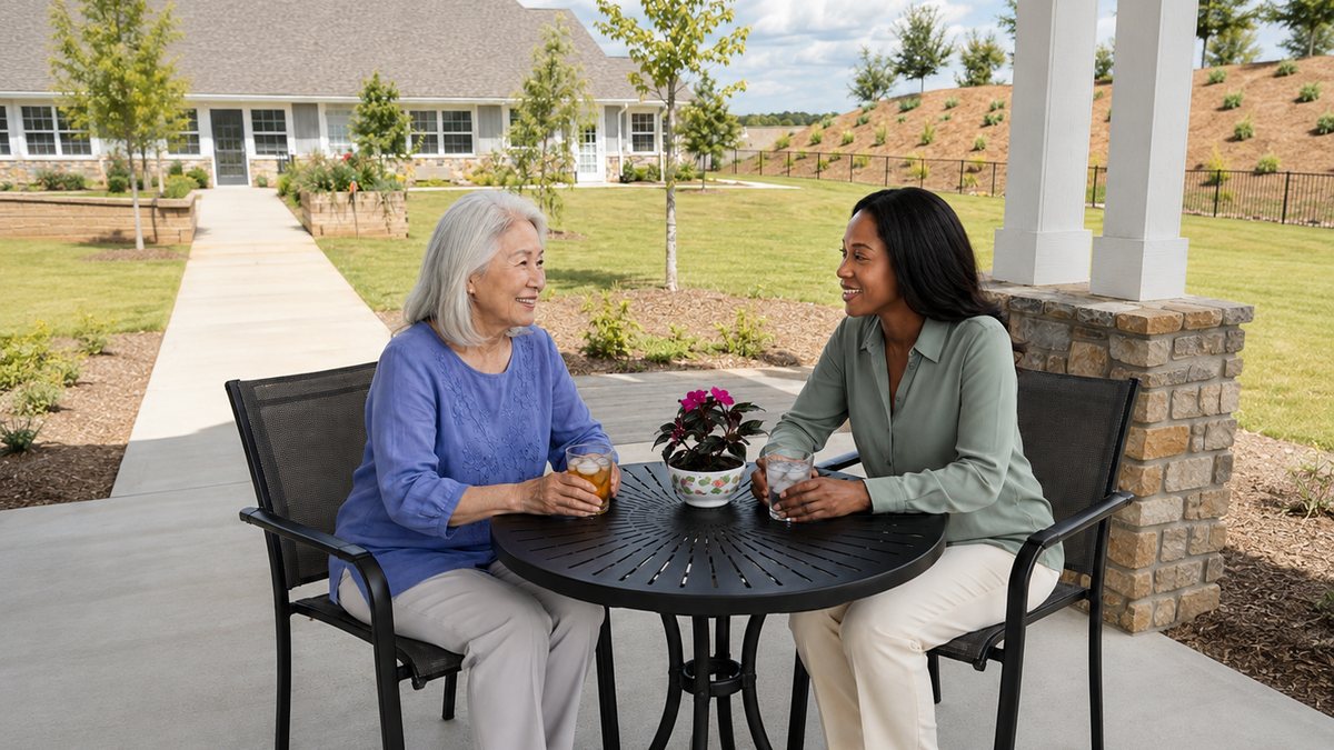 A caregiver visiting with a senior client outdoors