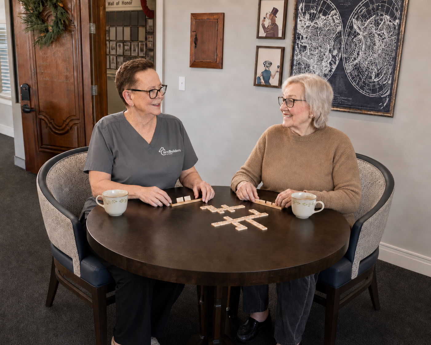 A caregiver sharing an activity with a senior client